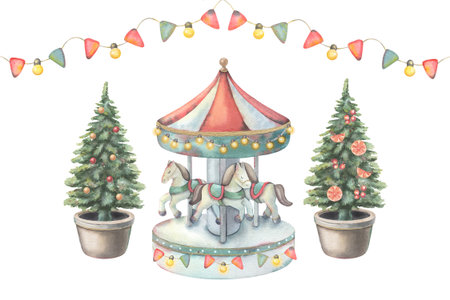 Merry-go-round carousel with horses, decorated Christmas trees, bunting flags. Hand-painted watercolor illustration isolated on white for greeting cards, postcards, festive decor, holiday projects.の写真素材