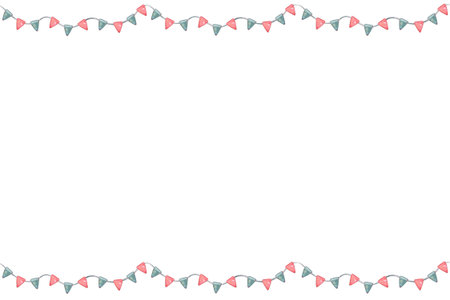 Horizontal bright frame with bunting flags. Hand-painted watercolor illustration of border template perfect for invitations, announcements, greeting cards, festive designs, posters.の写真素材