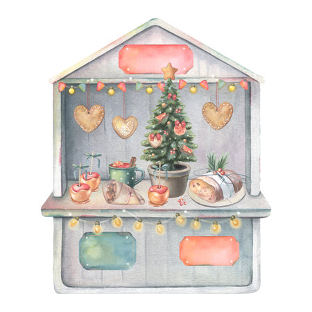 Vintage market stall, Christmas tree, flags, lights, empty signs, festive traditional food and drink. Hand-painted watercolor illustration isolated on white for holiday design, greeting cards, decor.の写真素材