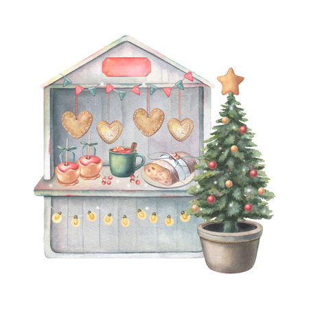 Vintage market stall, Christmas tree, flags, lights, empty signs, festive traditional food and drink. Hand-painted watercolor illustration isolated on white for holiday design, greeting cards, decor.の写真素材