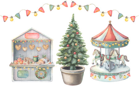 Festive market stall, merry-go-round carousel, Christmas tree, garland with flags and lights. Hand-painted watercolor illustration isolated on white for greeting cards, posters, invitations, postcardsの写真素材