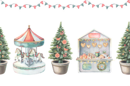 Merry-go-round carousel, decorated Christmas trees, festive market stall, flags. Hand-painted watercolor illustration of seamless border isolated on white background for printing on textile, packagingの写真素材