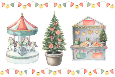Merry-go-round carousel, decorated Christmas tree, festive market stall, flags and lights frame. Hand-painted watercolor illustration isolated on white for greeting cards, postcards, holiday decor.の写真素材