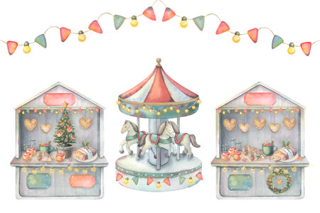 Festive market stalls, merry-go-round carousel, garland with flags and lights. Hand-painted watercolor illustration isolated on white for greeting cards, posters, invitations, postcards.の写真素材