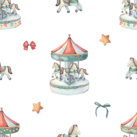 Seamless pattern, merry-go-round carousel, star, bow. Hand-painted watercolor illustration isolated on white for printing on textile, wallpaper, packaging, stationery, children decor, festive projectsの写真素材