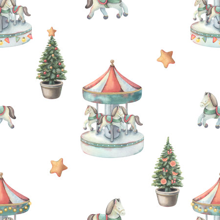 Seamless pattern, merry-go-round, Christmas tree, star. Hand-painted watercolor illustration isolated on white for printing on textile, wallpaper, packaging, stationery, children decor, projects.の写真素材