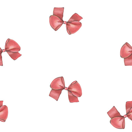 Seamless pattern with red bows. Hand-painted watercolor illustration isolated on white background for printing on textile, wallpaper, packaging, stationery, magic, festive decor.の写真素材