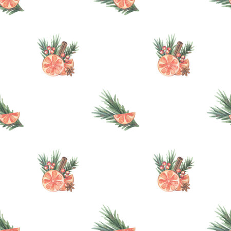 Orange slices, cinnamon stick, star anise, berries, fir branches. Hand-painted watercolor seamless pattern isolated on white for Christmas decor, holiday design, textile, kitchenware printing.の写真素材