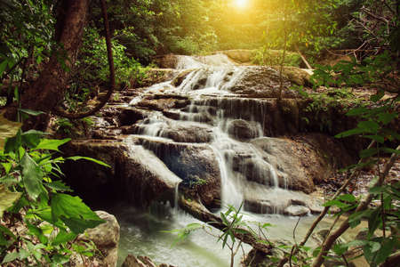 Landscape photo, Erawan Waterfall, beautiful waterfall in rainforest at Kanchanaburi province, Thailandの写真素材