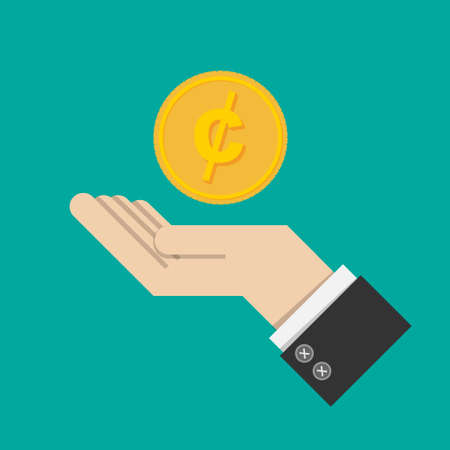 vector illustration. return of an investment. gold coin with sign of Canadian dollars money currency on hand, palm of businessman. invest growth,finance plan, personal management, investment portfolio.のイラスト素材