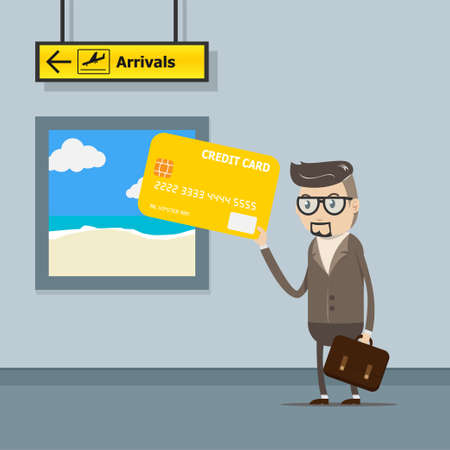vector illustration EPS10. businessman use credit card for payment on travel trip at the airport with departure sign. hand holding credit card. credit card , banking , financial conceptのイラスト素材