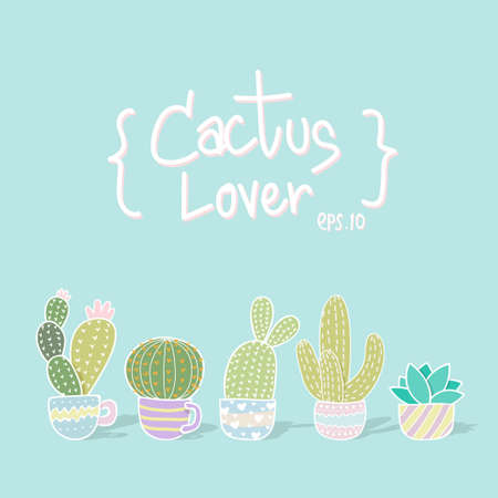 vector illustration cactus pattern background. colorful pastel color tone seamless pattern of different cute cartoon cactus for backgroundのイラスト素材