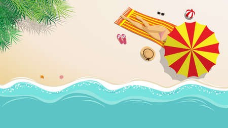 vector illustration.   girl in bikini sunbathing on the beach with beach umbrella and beach fashion accessory at tropical country in summer season. summer background conceptのイラスト素材