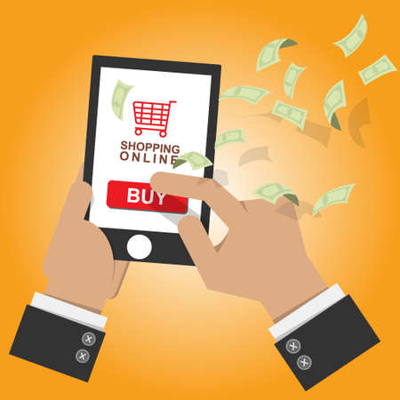 vector illustration. online shop icon on mobile smart phone with screen sell and buy with money bank note flow at background. online shopping conceptのイラスト素材