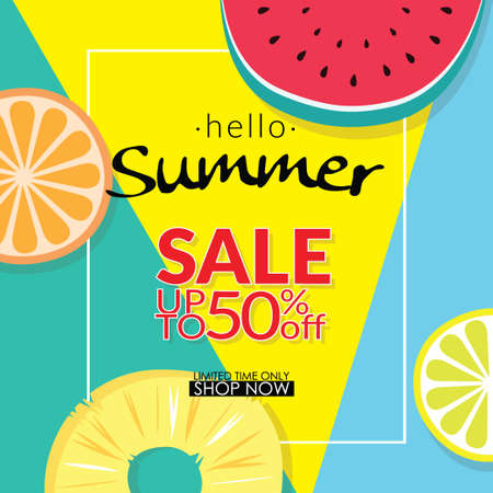 summer sale discount 50 percent off template banner with pieces of tropical fruit on colorful background. vector summer sale background for banner, poster, flyer, card, postcard, cover, brochureのイラスト素材