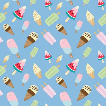 ice cream cone and ice cream bar seamless pattern on blue background. ice cream line illustration...