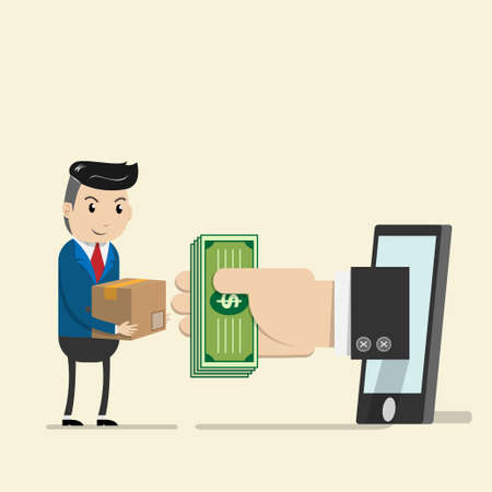 Shopping on online shop store concept. Money in hand pop up from the phone for trade with business...