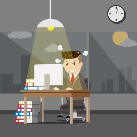 serious boss. senior businessman sitting at his desk with angry face. business man working at the office until night time with stress from overwork. overtime workのイラスト素材