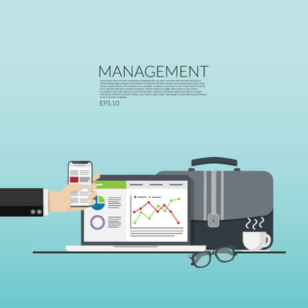 business man's hand holding mobile phone , computer laptop with data graphic on screen , document bag and hot coffee cup isolated on grey background. internet technology for business with copy spaceのイラスト素材