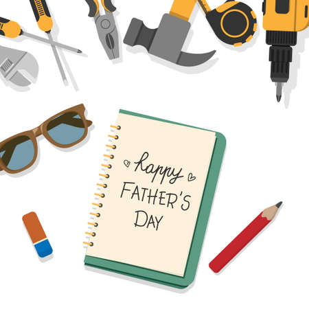 happy Father's Day word write by pencil on book page with top border of home tools isolated on white...