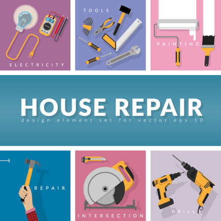 set of home repair working tools vector logo design template with copy space for your text or company name. home repair banner, construction , repair icons for home renovation & construction. flatのイラスト素材