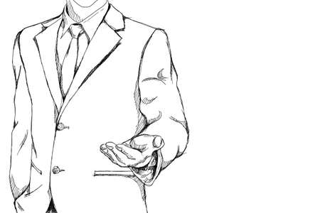 drawing sketch simple line of business man with open palm hand action for invite meaning on friendly business with copy spaceの写真素材