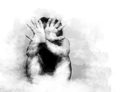 scared man lift hand up for say stop, to protect himself. anti human trafficking campaign. black and...