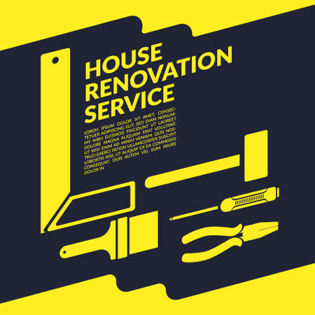 creative house renovation service yellow logo design template isolated on black background with space for your company textのイラスト素材