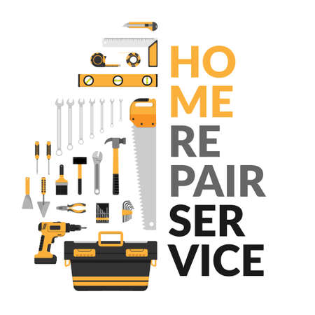 home repair service template with set of DIY home repair working tools. home repair service consulting, renovation & construction company on white background for marketing concept. vector flat designのイラスト素材
