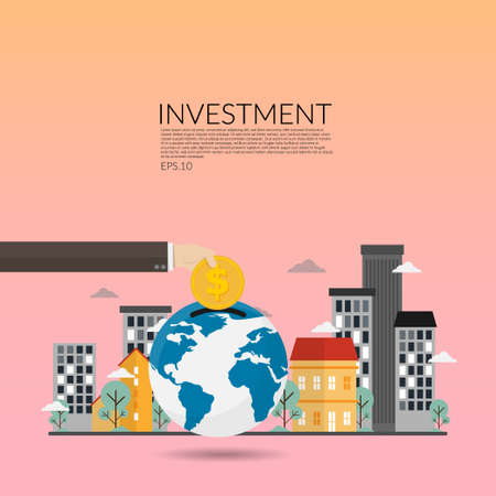 investment in real estate. creative vector of financial investments, marketing, analysis,financial savings and money turnover. businessman hand with gold coin and commercial building at backgroundのイラスト素材