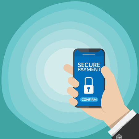 secure payment notification with key lock symbol in a smart phone screen on business man's hand isolated on gradient blue background. vector illustration flat designのイラスト素材