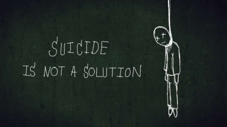 word "suicide is not a solution" with illustrations of hanging man with rope on chalkboardの写真素材