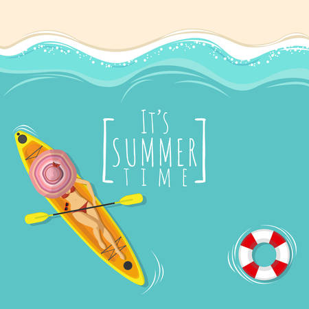 sexy woman in bikini swimming suit take sunbathing on kayak boat over the blue sea with copy space. recreation on summer holiday conceptのイラスト素材