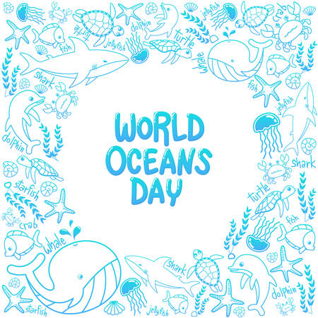 World Oceans Day. outline vector of marine life in the ocean with doodle style for celebration dedicated to help protect, and conserve world oceans, water, ecosystemのイラスト素材
