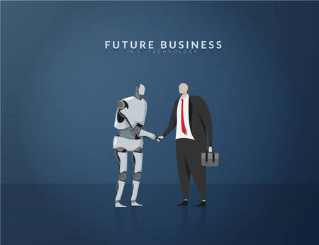 human and AI working together , future business , technology and innovation concept. AI or artificial intelligence shaking hand for cooperation in business with human.のイラスト素材