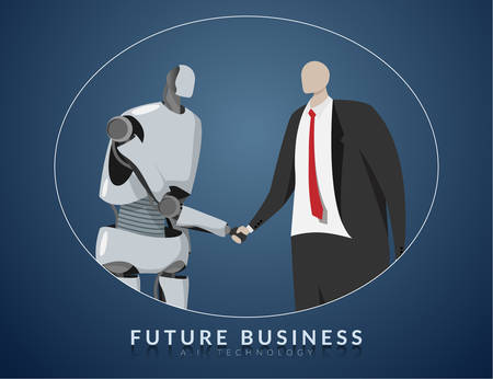 human and AI working together , future business , technology and innovation concept. AI or artificial intelligence shaking hand for cooperation in business with human.のイラスト素材