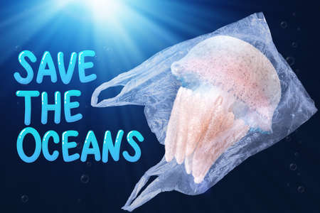 plastic pollution in ocean environmental problem concept.  jellyfish swim inside plastic bag...
