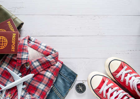 flat lay of travel item accessory, essential vacation items accessory. travel concept background