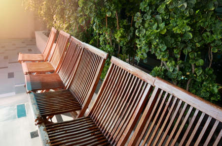 wooden chair at recreation corner with green tree at office roof top park
