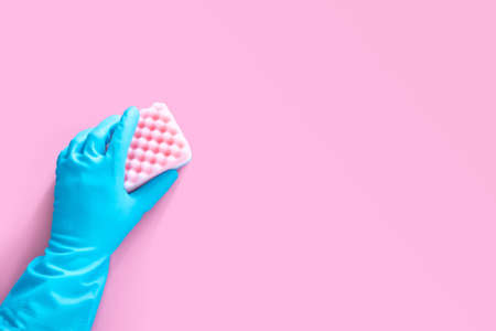 hand in blue rubber glove holding pink cleaning sponge isolated on pink background with copy space for text or logoの写真素材