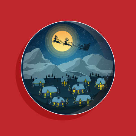 Christmas greeting banner in circle badge. reindeer with sleigh with gift box fly over winter landscape night. vector illustrationのイラスト素材