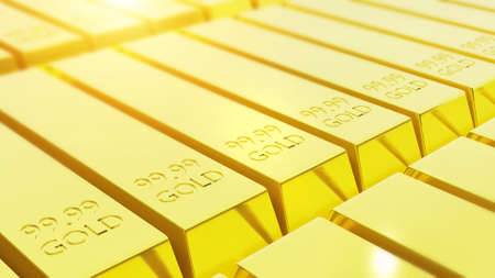 stack close-up of pure gold bars arranged in abundance, 3D render. gold invest trading concept
