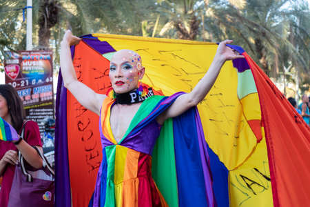 PATTAYA, THAILAND - FEBRUARY 15, 2020: a part of colorful of LGBT parade with people wearing rainbow color take part in Pattaya International Pride 2020 in Pattaya, Thailand on February 15, 2020のeditorial素材