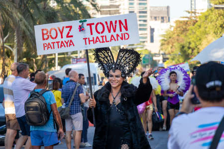 PATTAYA, THAILAND - FEBRUARY 15, 2020: a part of colorful of LGBT parade with people wearing rainbow color take part in Pattaya International Pride 2020 in Pattaya, Thailand on February 15, 2020のeditorial素材