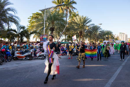 PATTAYA, THAILAND - FEBRUARY 15, 2020: a part of colorful of LGBT parade with people wearing rainbow color take part in Pattaya International Pride 2020 in Pattaya, Thailand on February 15, 2020のeditorial素材