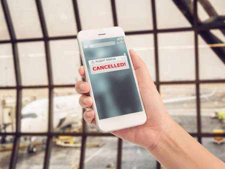 flight cancellation concept. announces message for flight schedule change information alert on...