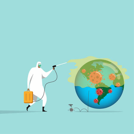 medical worker with full of personal protection equipment getting rid of coronavirus germs by spraying disinfectant COVID-19 virus pathogen that spread around the world, attempt to control diseaseのイラスト素材