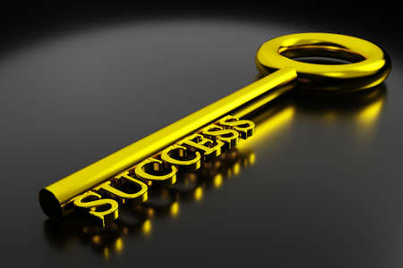 key to success concept. shiny golden key to success isolated on black color with reflection, 3D...