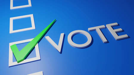 white text vote with green check correct sign in white blank box isolated on blue background, 3d rendering. general election, local election, popular vote, poll banner campaign conceptの写真素材