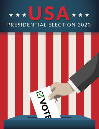 US Presidential election 2020 campaign concept. hand putting voting paper in the ballot box with american flag on background. Presidential election banner background. flat design, vector illustration.のイラスト素材